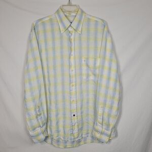Carrel Linen Flax Shirt Blue Yellow Plaid Long Sleeve Shirt Size 16-1/2~42 Italy